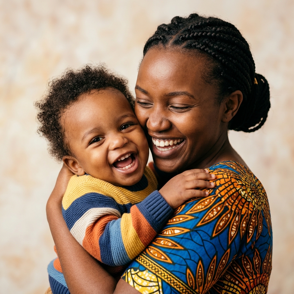 Smiling Rwandan mother & child
