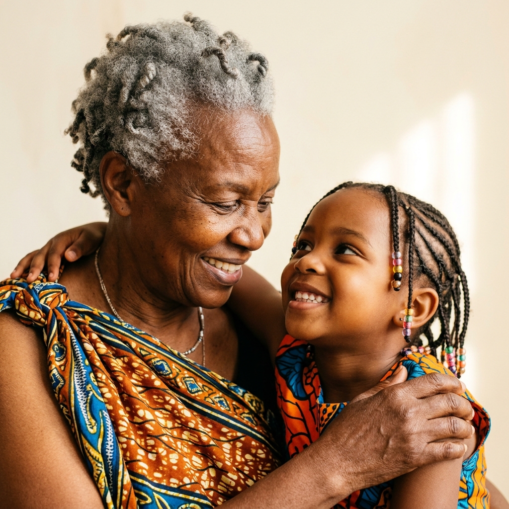 Smiling older Rwandan woman & granddaughter